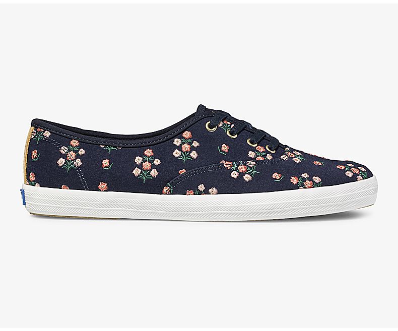 Keds Womens Navy Lace Up Shoes - Keds X Rifle Paper Co Champion Posy Embroidered 340GUTRAB